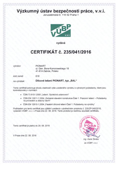 Certifikát: Výzkumného ústavu bezpečnosti práce, v.v.i. - PIONART - BAL