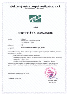 Certifikát: Výzkumného ústavu bezpečnosti práce, v.v.i. - PIONART - PUM